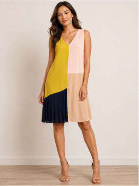 HD In Paris Colorblock Dress Size 8 Yellow Pink Navy Sleeveless Midi